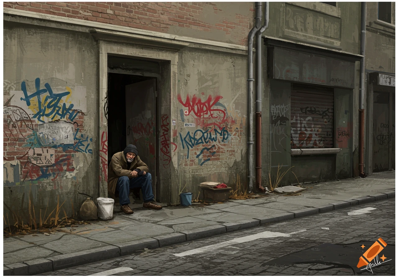 Painting of a man sitting in a doorway on a city street covered in graffiti
