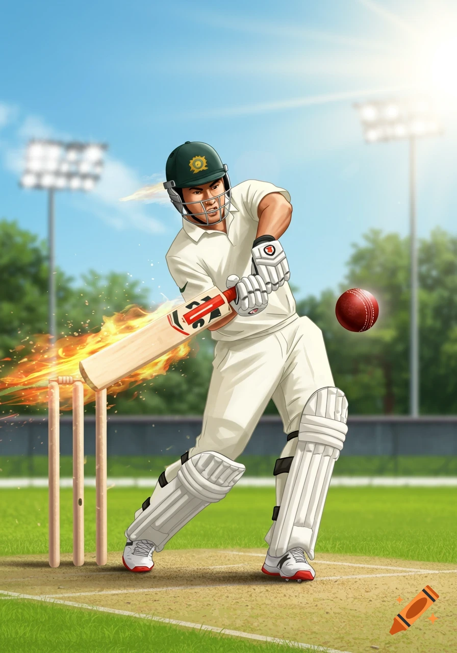A cricket player hits a ball with a flaming bat.