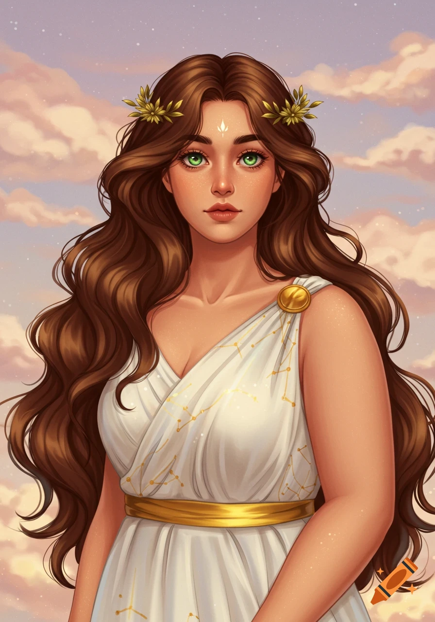 Portrait of a woman with long brown hair and green eyes wearing a white Greek-style dress with gold constellation patterns against a cloudy sky.