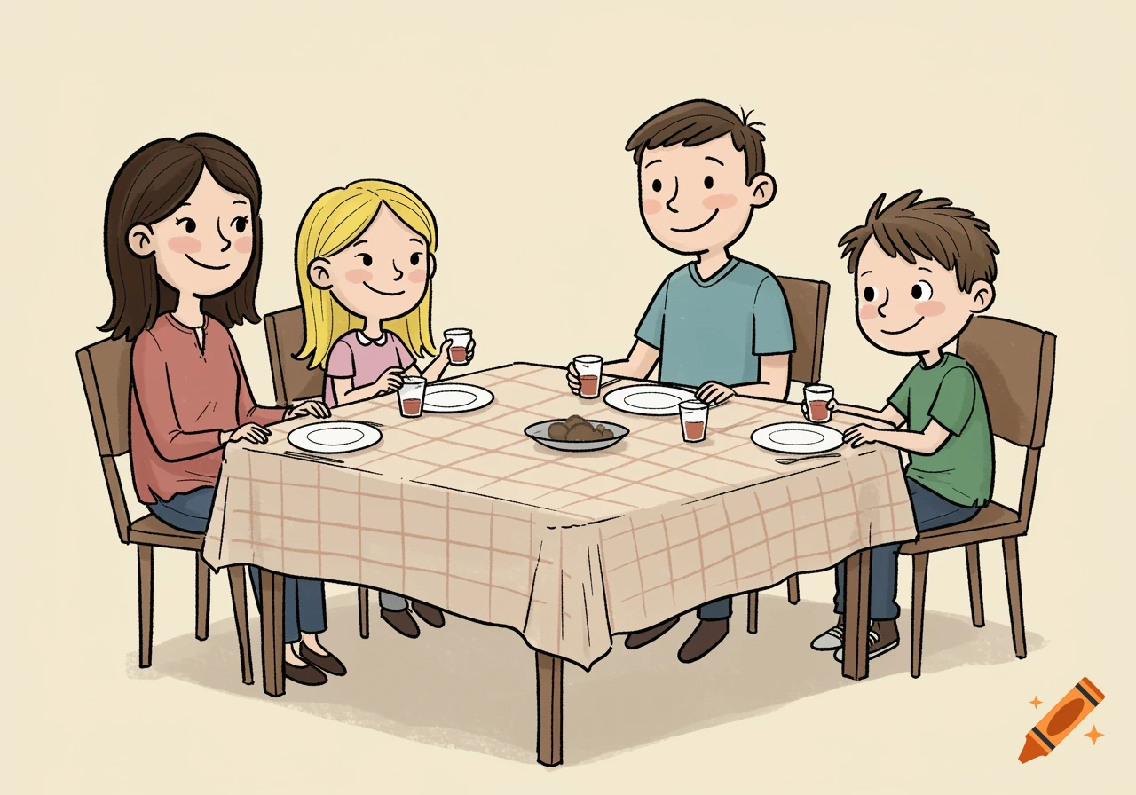 Illustration of a family having dinner at a table.