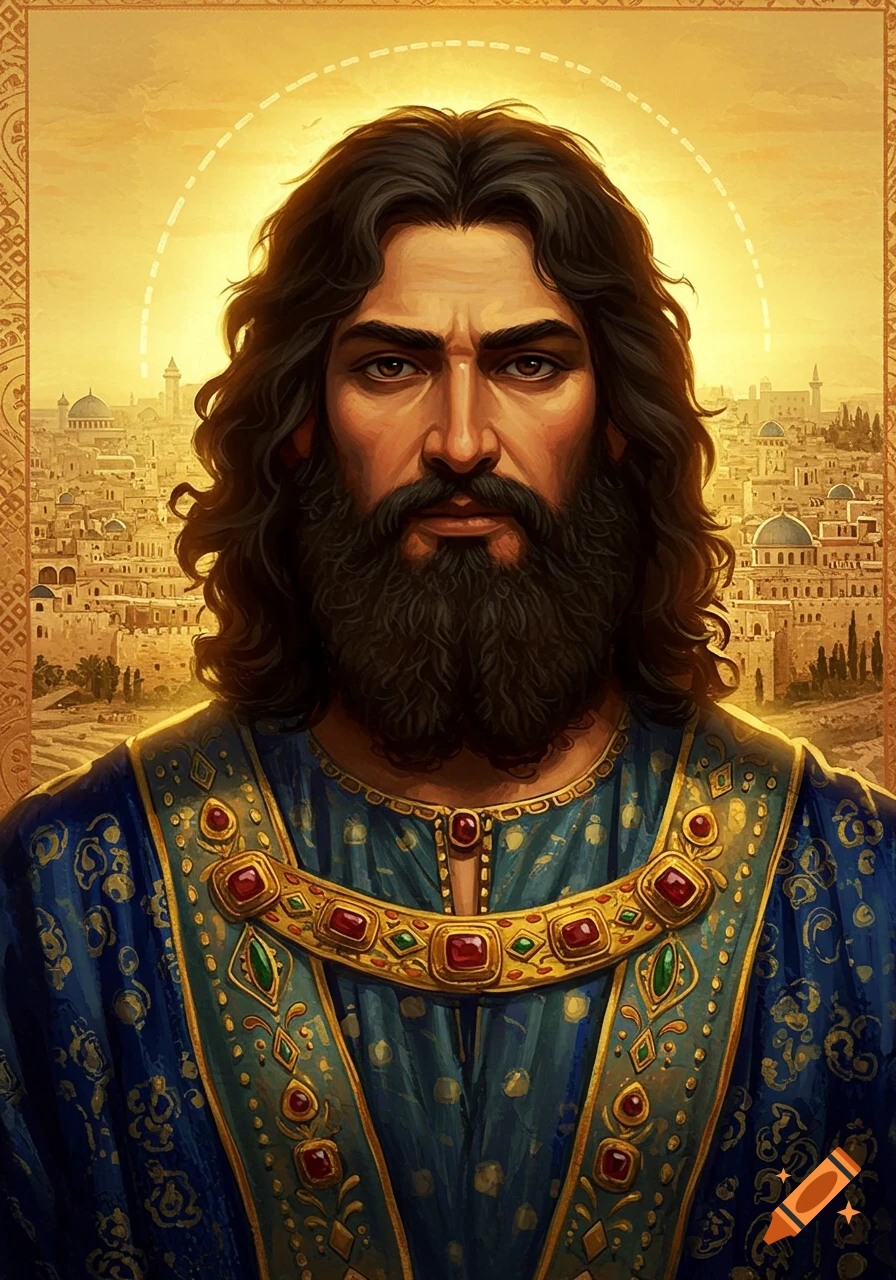 Portrait of a bearded man in ornate blue and gold robes before a historical city skyline under a glowing sky, in a painting style.