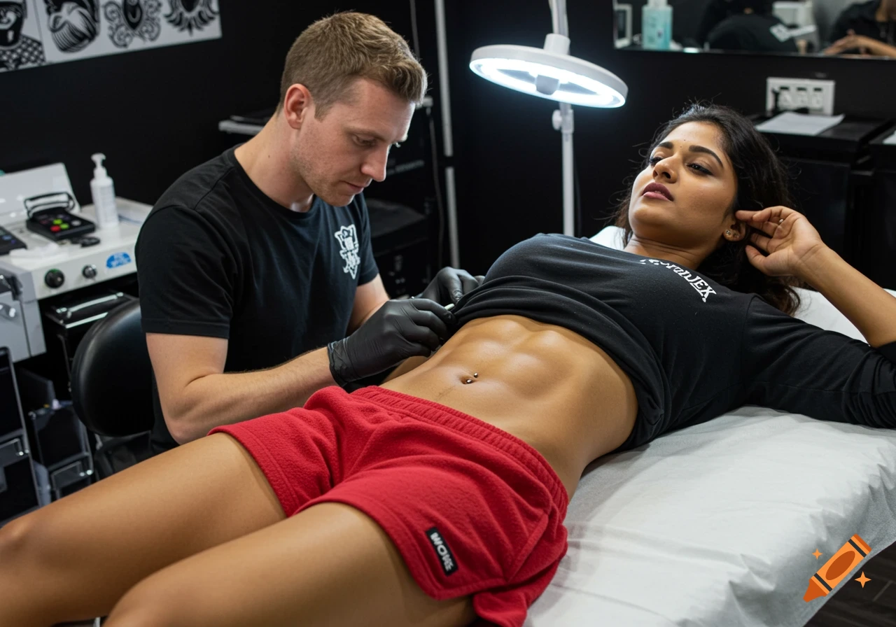 Man prepares to give a woman a navel piercing in a tattoo and piercing parlor. Photorealistic.
