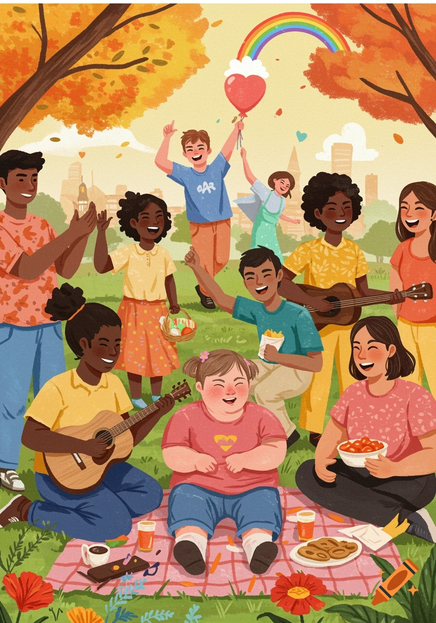 Illustration of a diverse group of people having a picnic in a park under a rainbow.