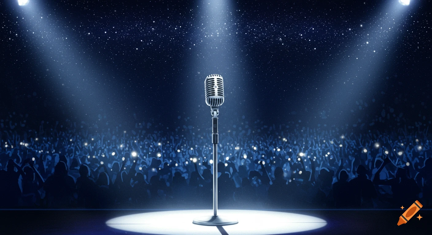 A vintage microphone stands on a stage under spotlights, with a blurry crowd in the background.