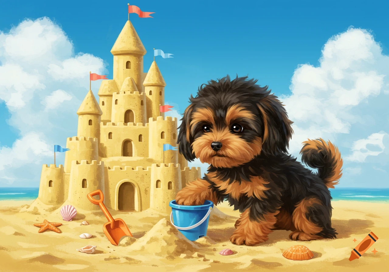 A puppy building a sandcastle on a sunny beach.