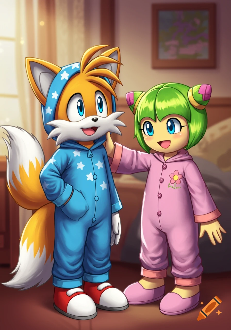 Tails and Cosmo in pajamas in a bedroom