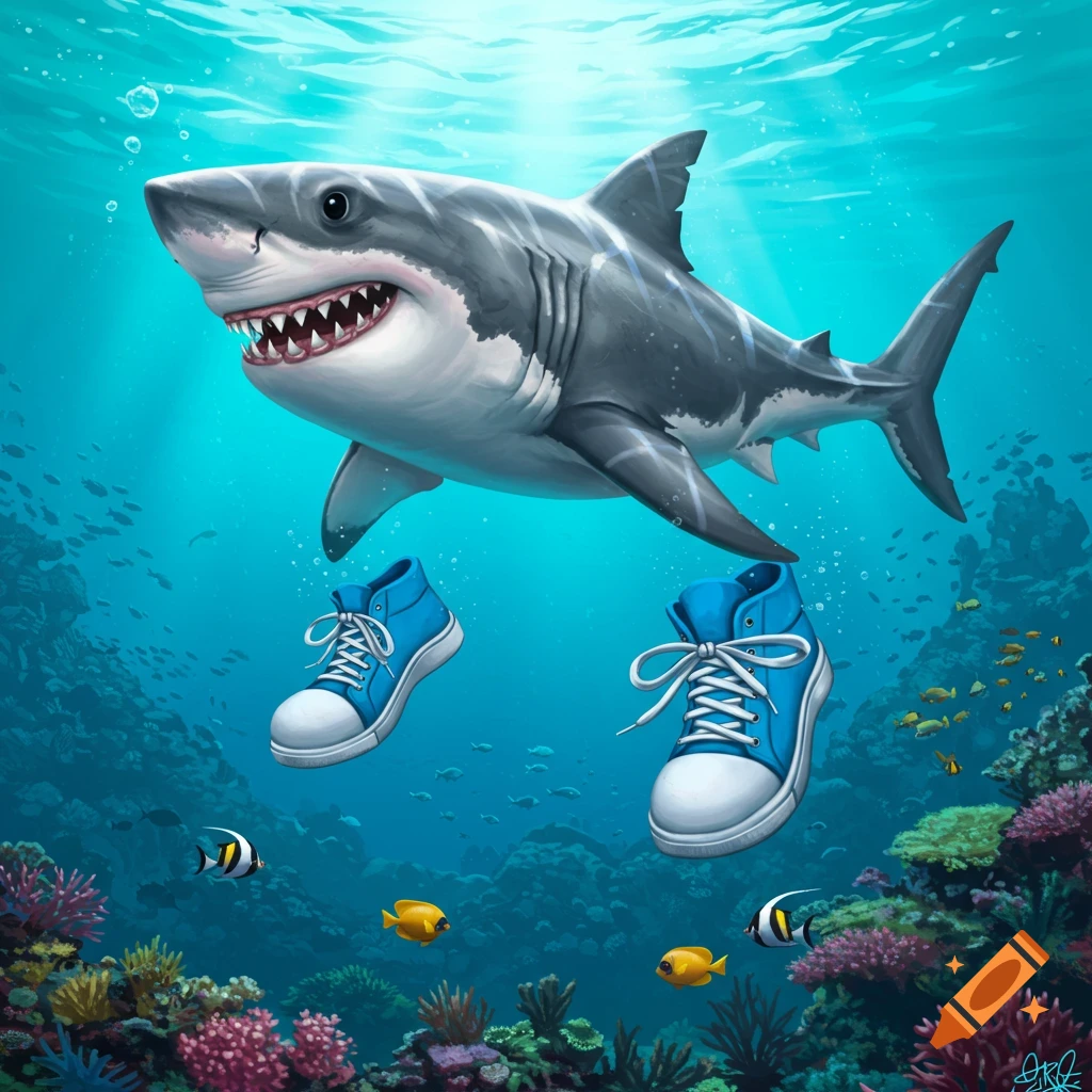 A cartoon great white shark wears blue high-top sneakers underwater over a coral reef.