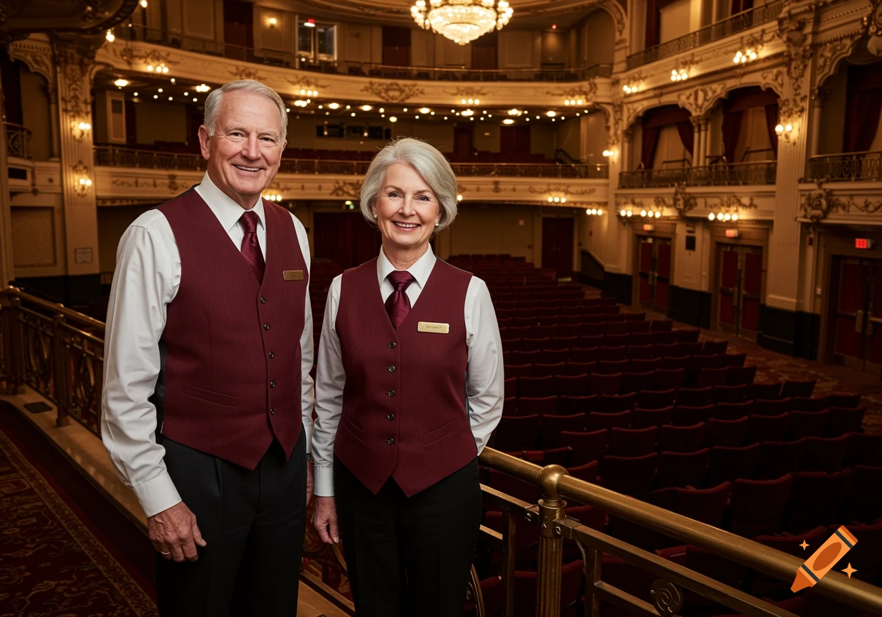 Two older ushers in burgundy vests and ties stand in a large, ornate theatre.