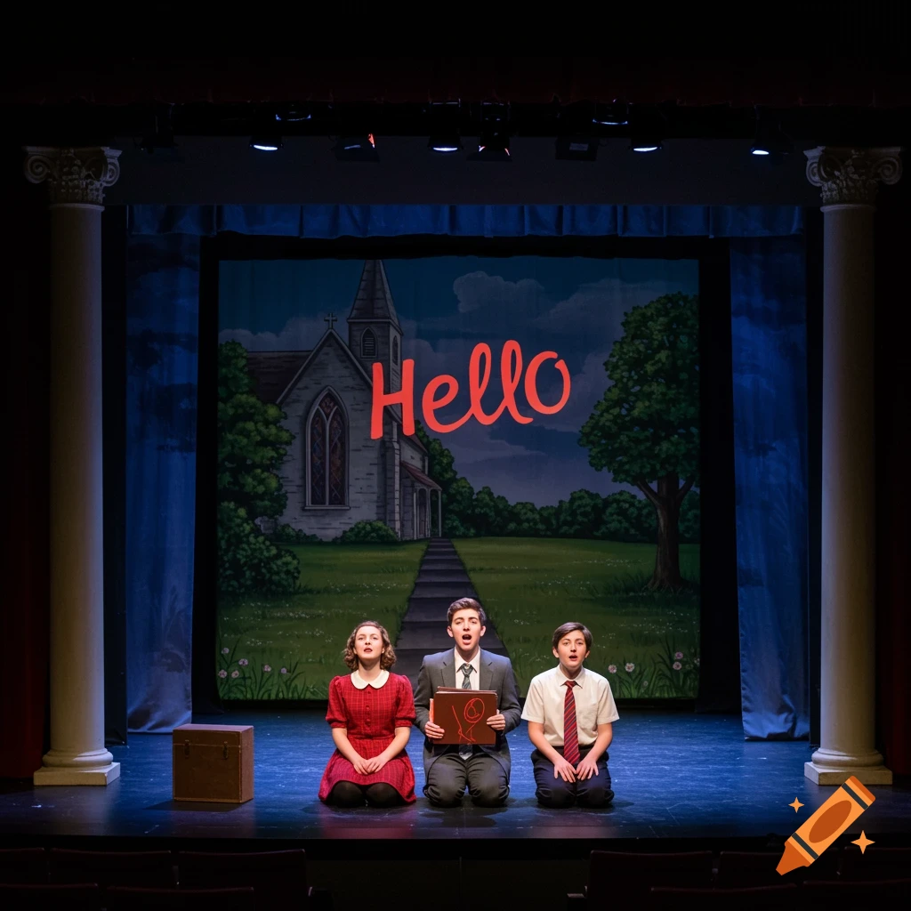 Three young people kneel on a stage in front of a church backdrop that says 'Hello'.