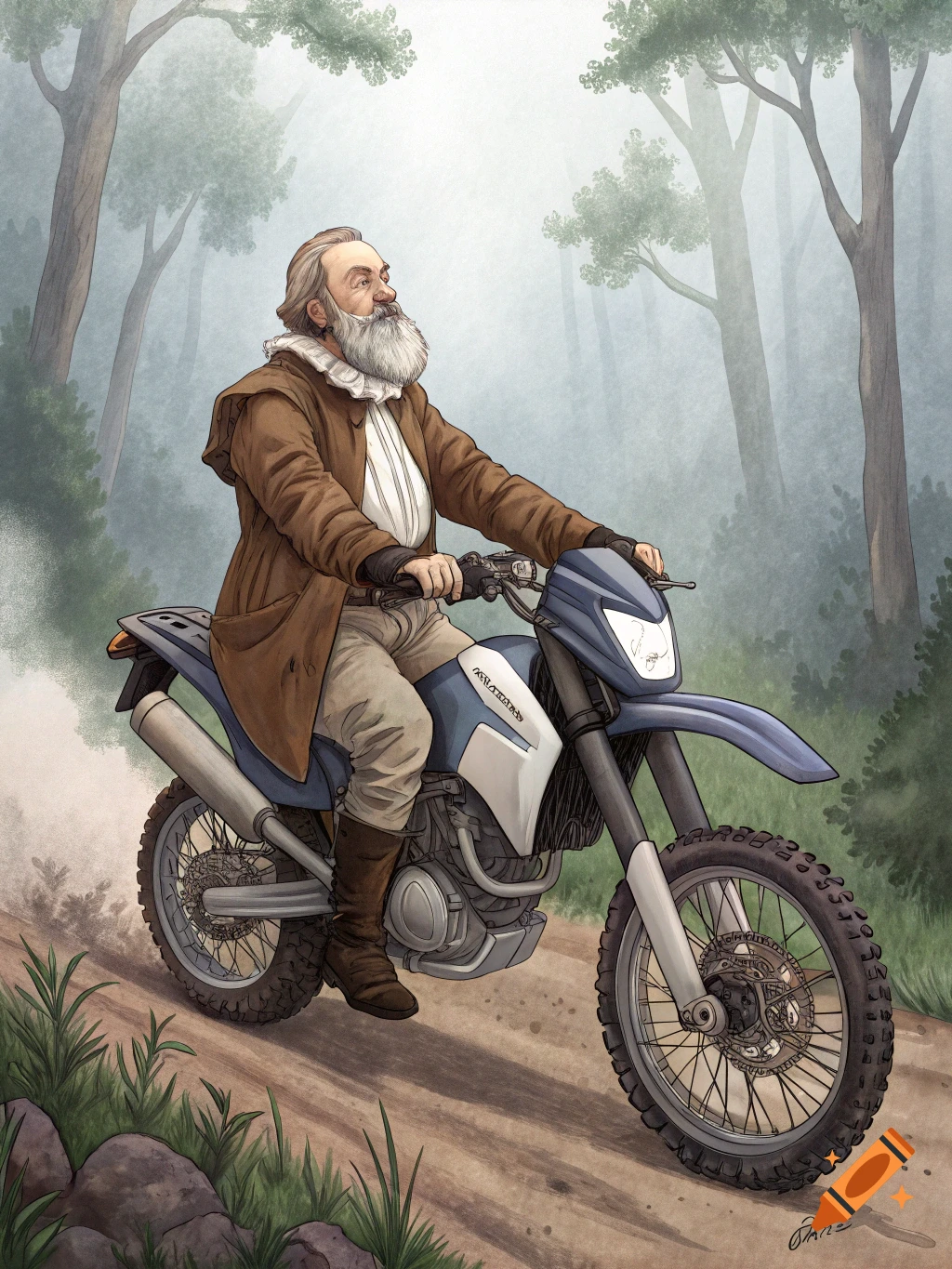 A bearded man resembling Galileo Galilei rides a dirtbike on a dirt path through a forest.