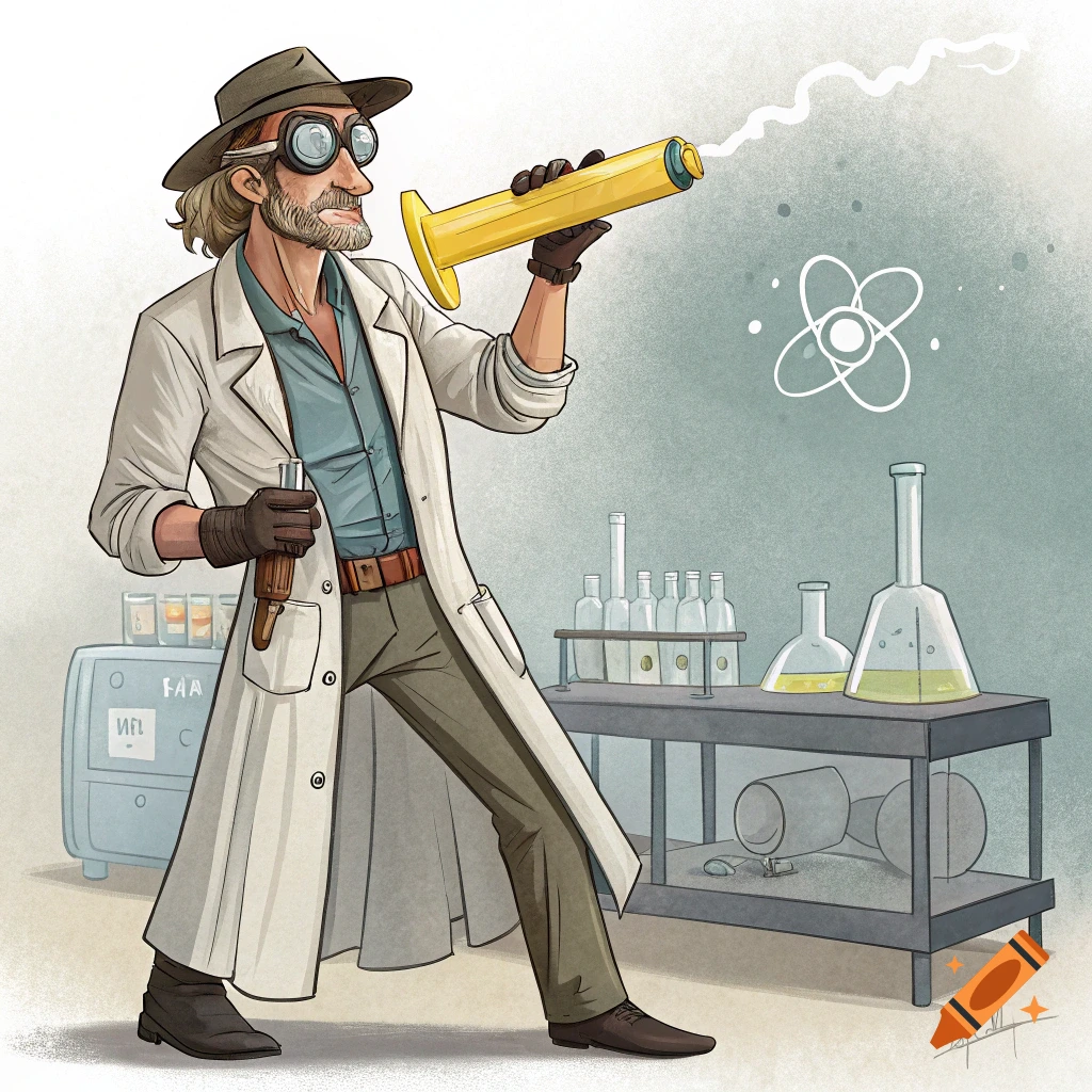 Cartoon illustration of a scientist in a lab coat, hat, and goggles holding a syringe-like device in a lab.