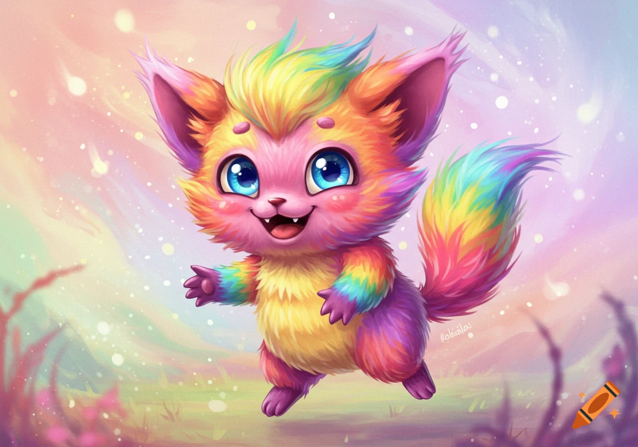 A cute, fluffy rainbow-colored fantasy creature with big blue eyes stands in a blurry, sparkling outdoor scene. Digital art.
