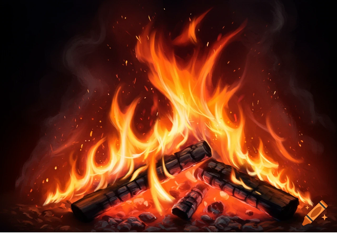 A close-up view of a warm campfire with vibrant flames, logs, and glowing embers.