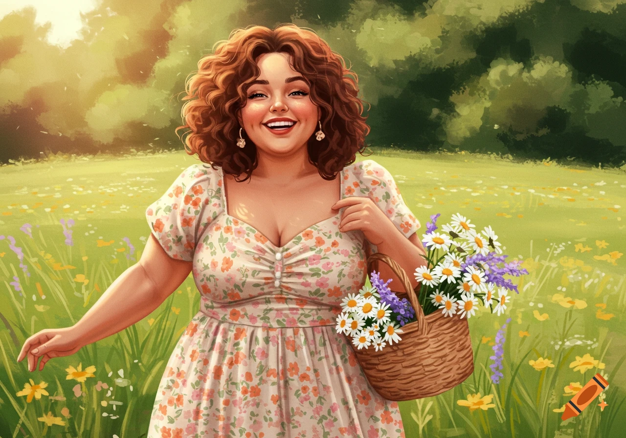 A smiling woman in a floral dress holds a basket of flowers in a sunny ...