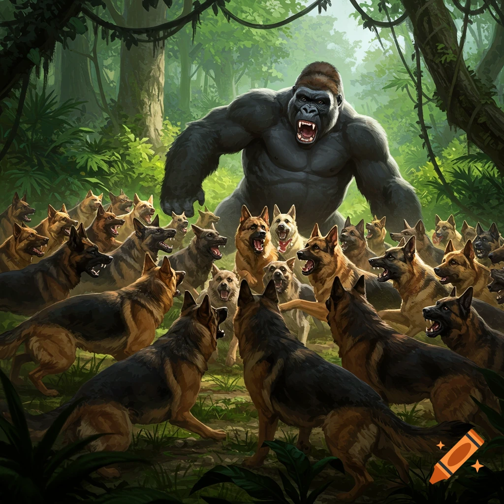 A large gorilla stands facing a pack of German Shepherds in a jungle clearing. Digital painting.