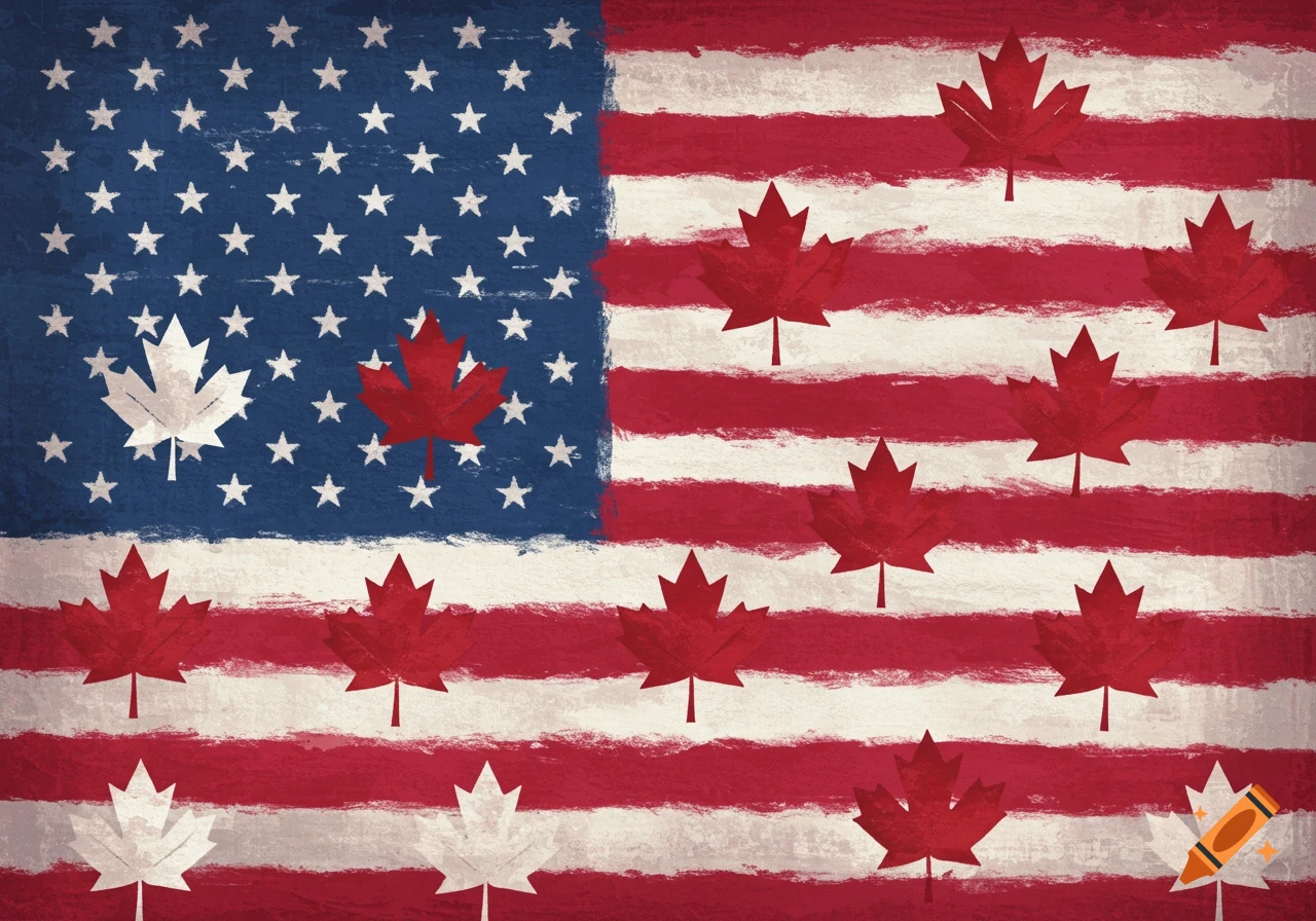 Stylized American flag blended with red and white maple leaves.