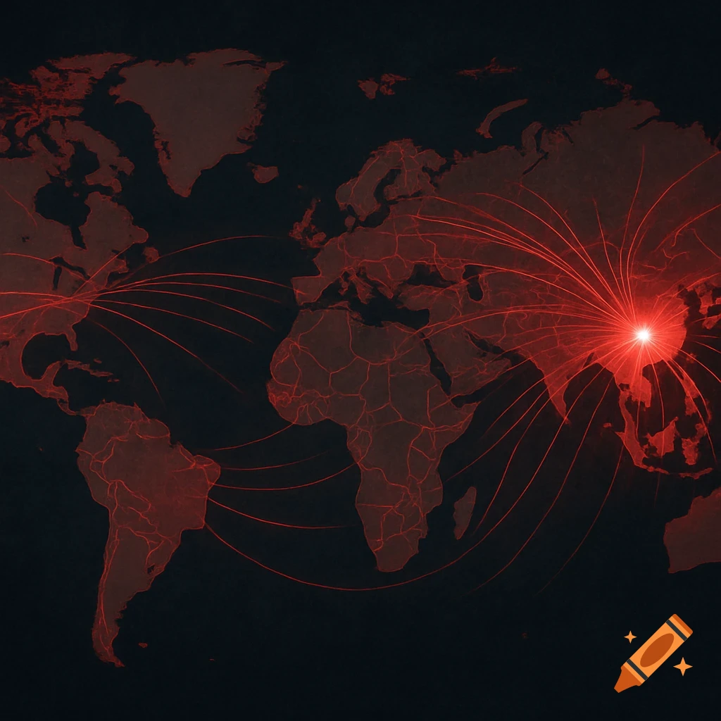Digital graphic of a world map with red lines spreading from Asia across continents