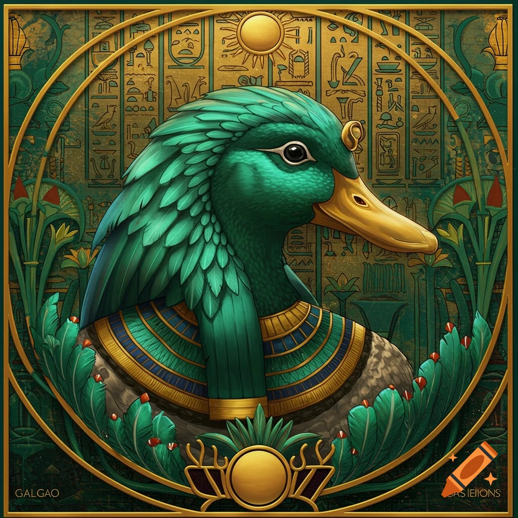 Portrait of a duck dressed as an ancient Egyptian god with headdress and collar, surrounded by hieroglyphs and lotus flowers.