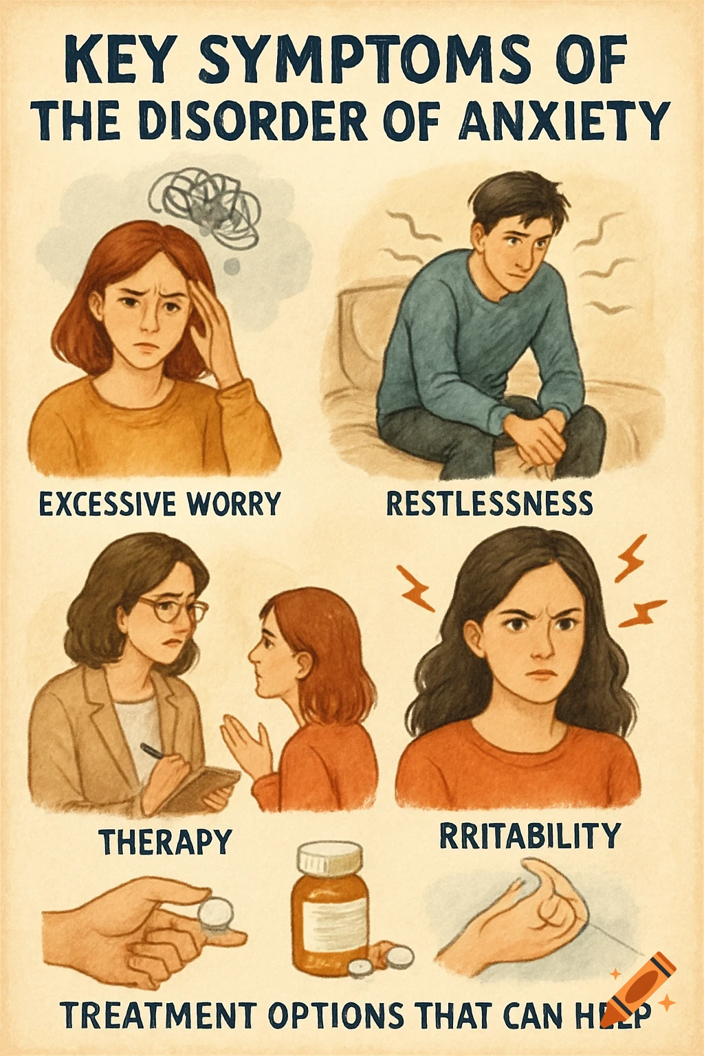 Illustrated poster showing symptoms (worry, restlessness, irritability) and treatment options (therapy, medication) for anxiety.
