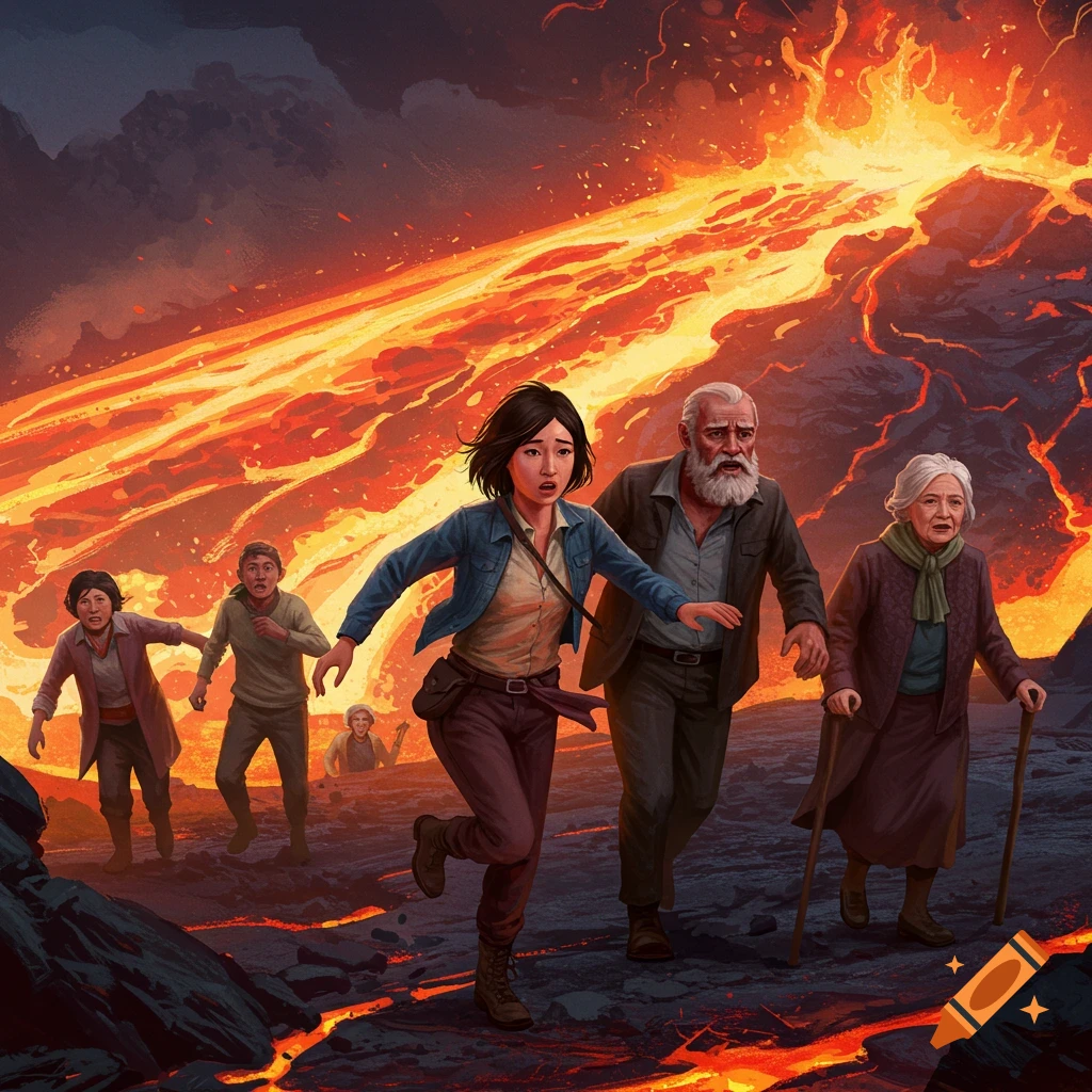 People run from a massive lava flow from a volcanic eruption in an illustrative style.