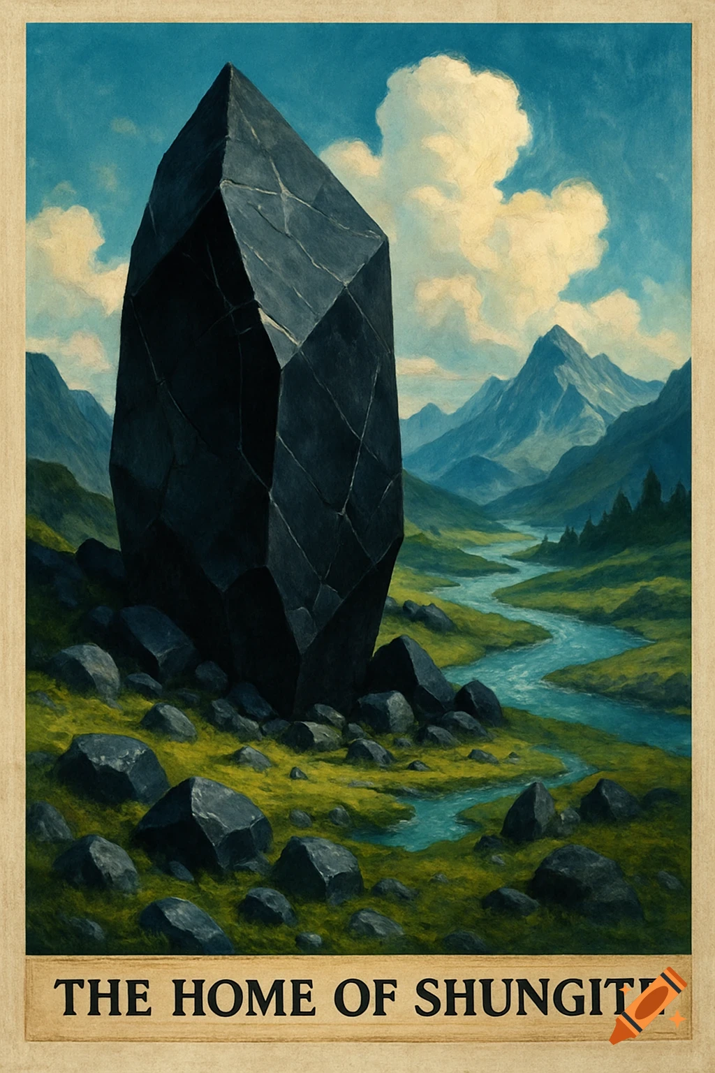 Painting of a large black crystal in a mountain valley with a river and rocky ground.