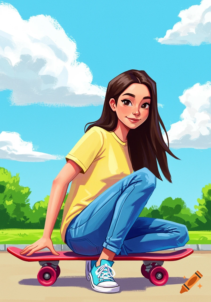 Cartoon illustration of a girl sitting on a skateboard in a park.