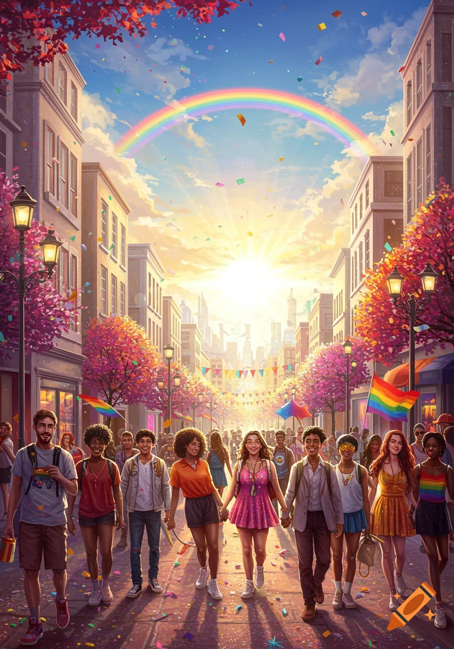 Diverse group celebrates Pride walking down a street with rainbow flags, confetti, and a rainbow in the sky.