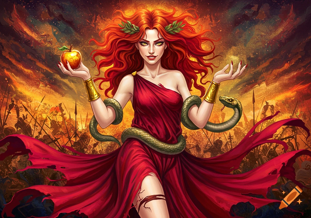A woman with red hair and a red dress stands before a battlefield, holding a golden apple with snakes wrapped around her arms.
