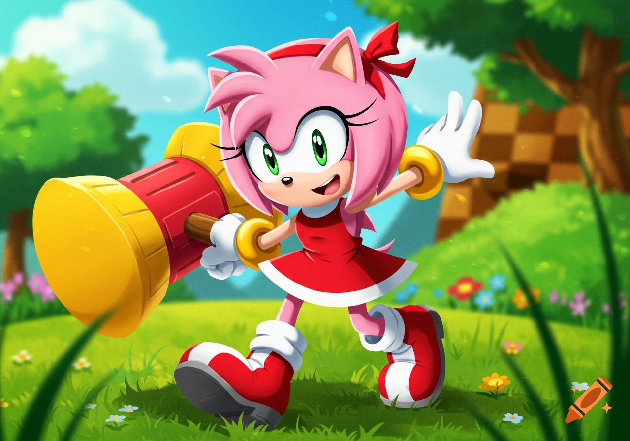 Amy Rose the Hedgehog walks in a grassy field, holding her hammer, in a colorful cartoon style.