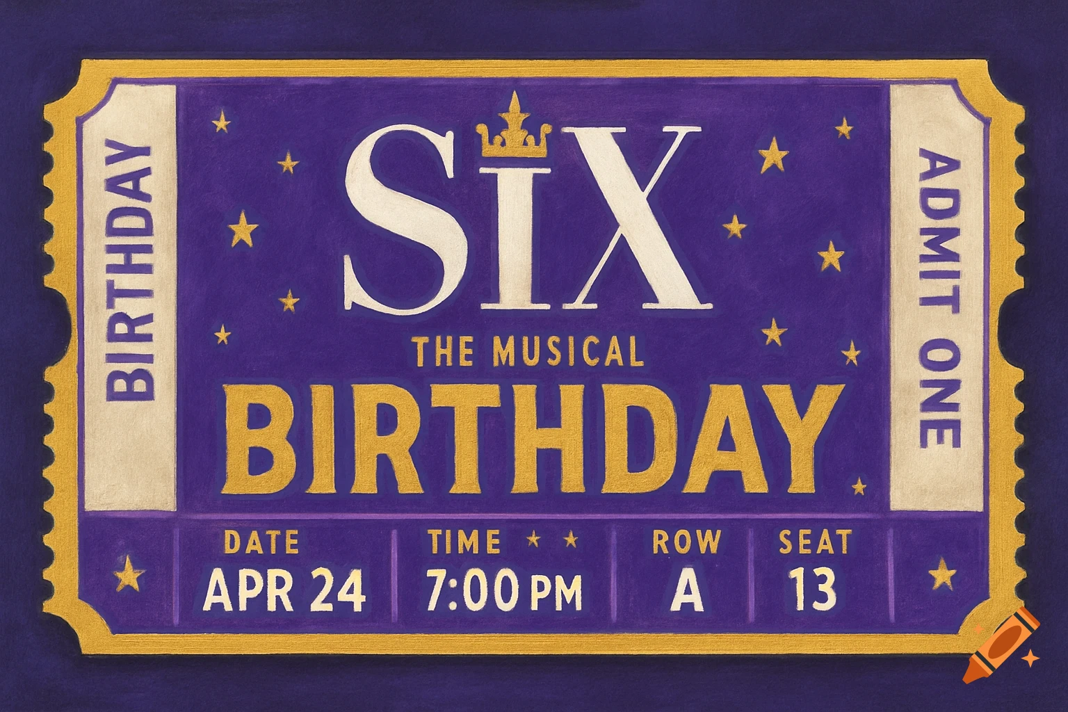 An illustration of a purple and gold ticket for Six the Musical Birthday, dated April 24th at 7:00 PM, Row A, Seat 13.