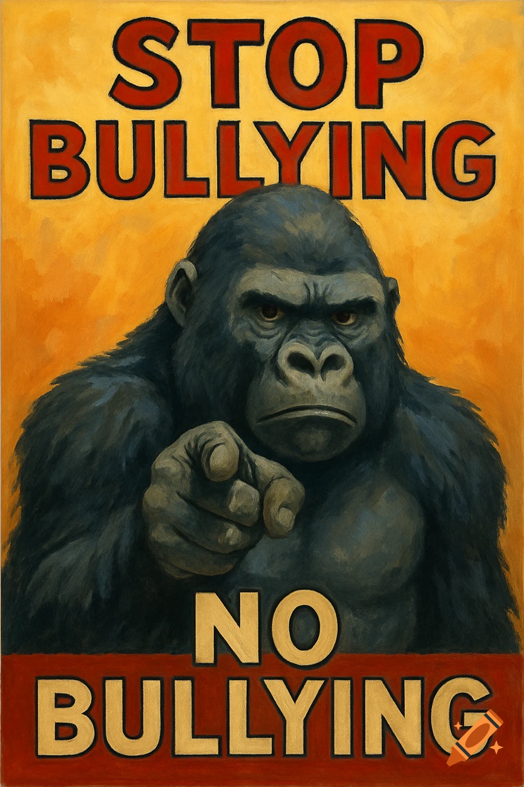 Painted poster of a gorilla pointing, with the text STOP BULLYING and NO BULLYING.
