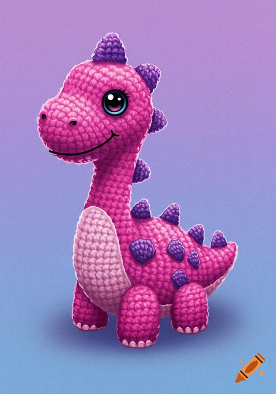 A cute pink and purple crochet toy dinosaur.