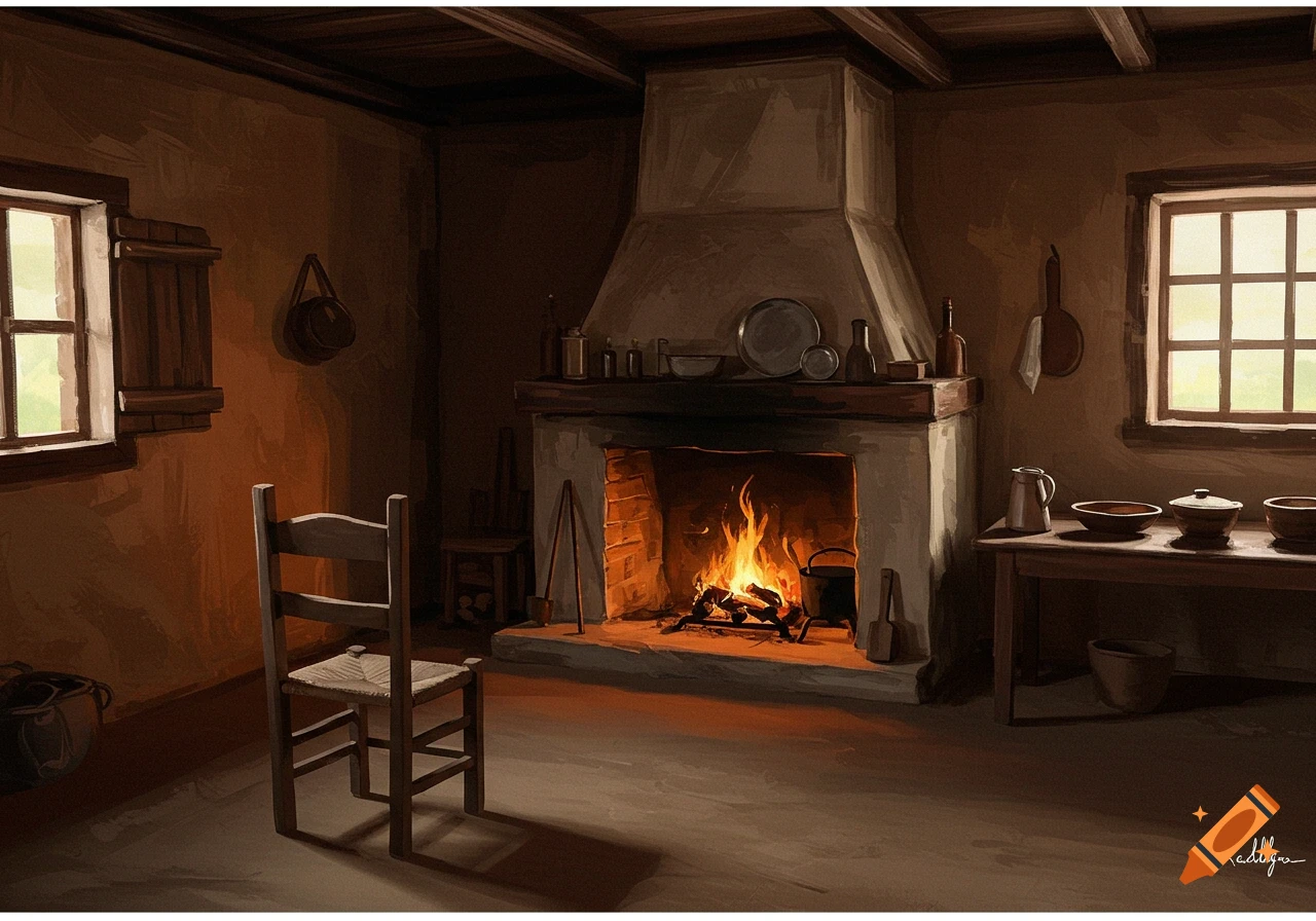 Illustration of a rustic interior room with a lit fireplace, chair, table, and windows.