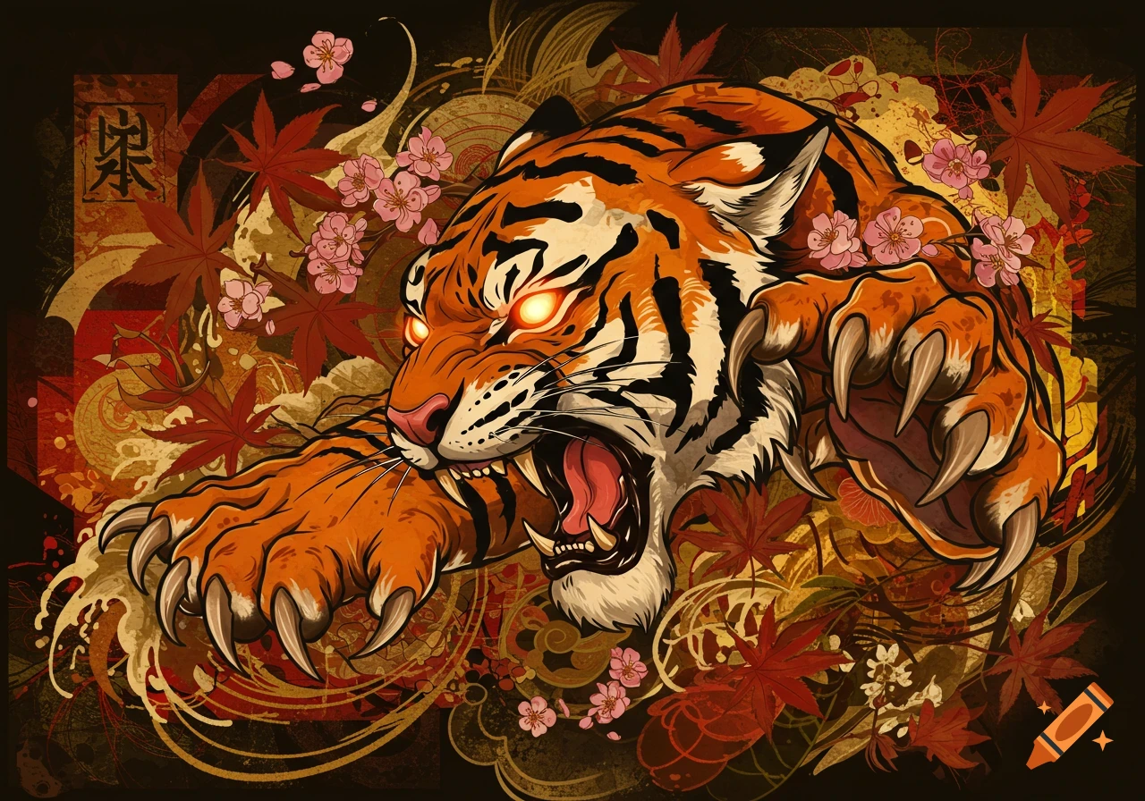Neotraditional Japanese style art of a fierce tiger roaring with glowing eyes and sharp claws amidst maple leaves and cherry blossoms.