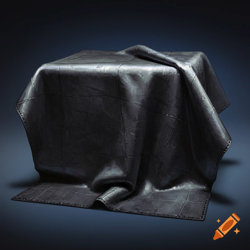 A dark, textured metal sheet draped over a square shape.