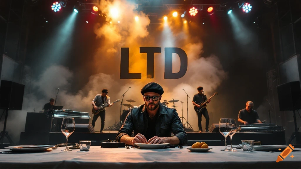 A man sits at a table in the foreground while a band plays on a stage behind him under lights with the text LTD displayed.