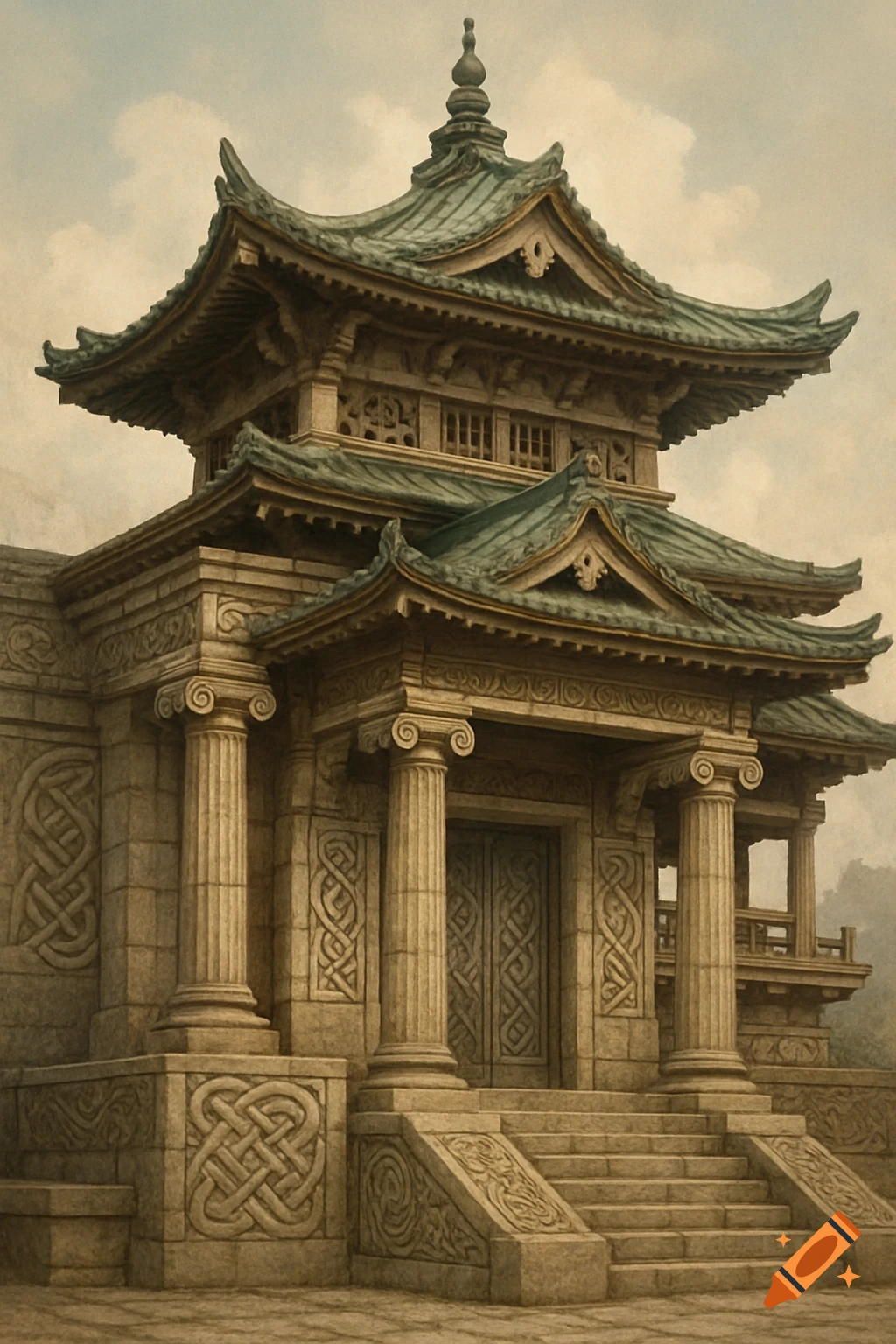 A fusion of Greek and Japanese architecture featuring tiered roofs, columns, and Celtic knot stone carvings.