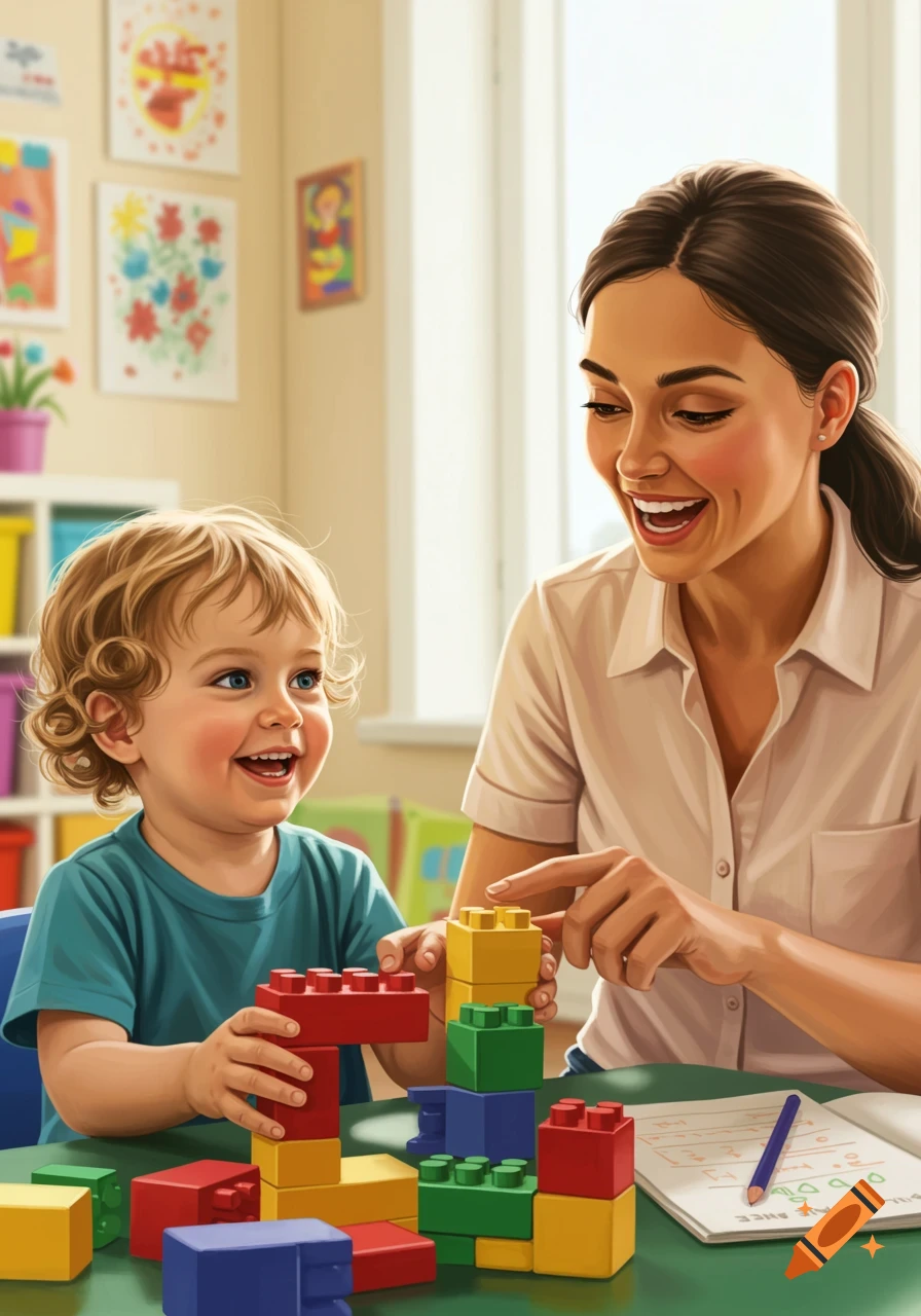 A woman and a young child smile happily while building with colorful toy blocks at a table with a notebook and pencil.