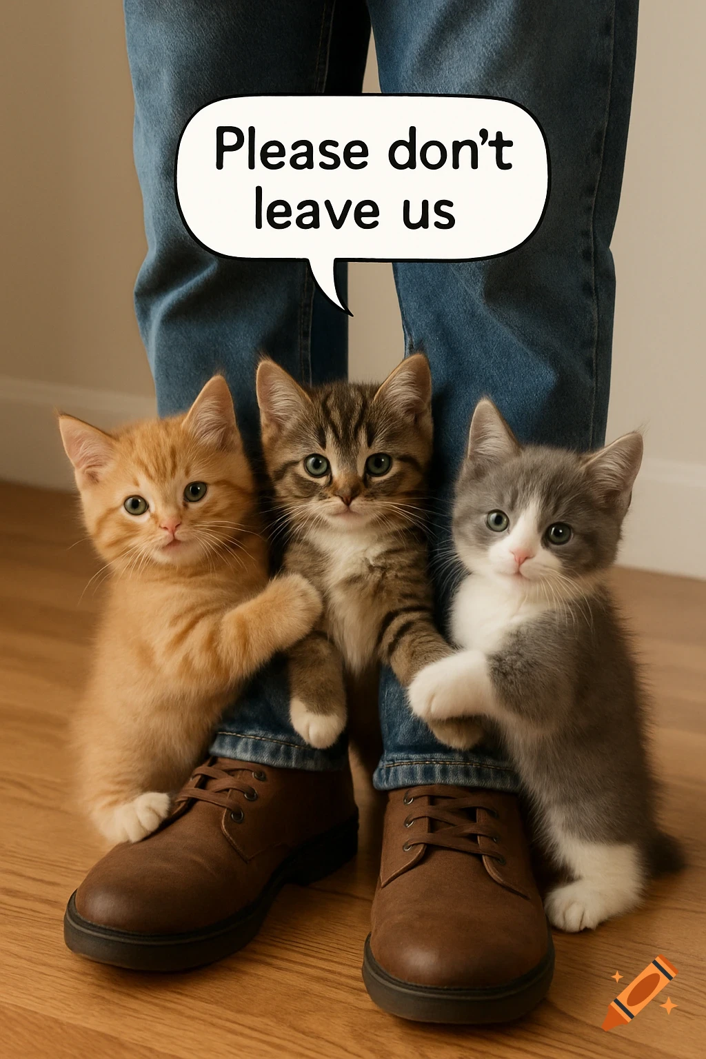 Cute kittens cling to legs with 'Please don't leave us' speech bubble.