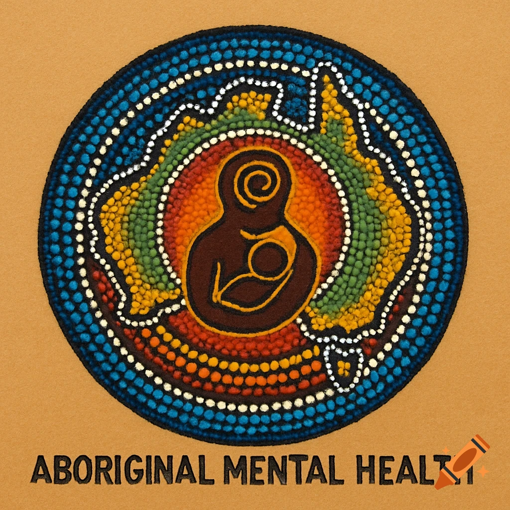 Circular Aboriginal dot painting logo of a mother and child within an outline of Australia, with text 'Aboriginal Mental Health'.