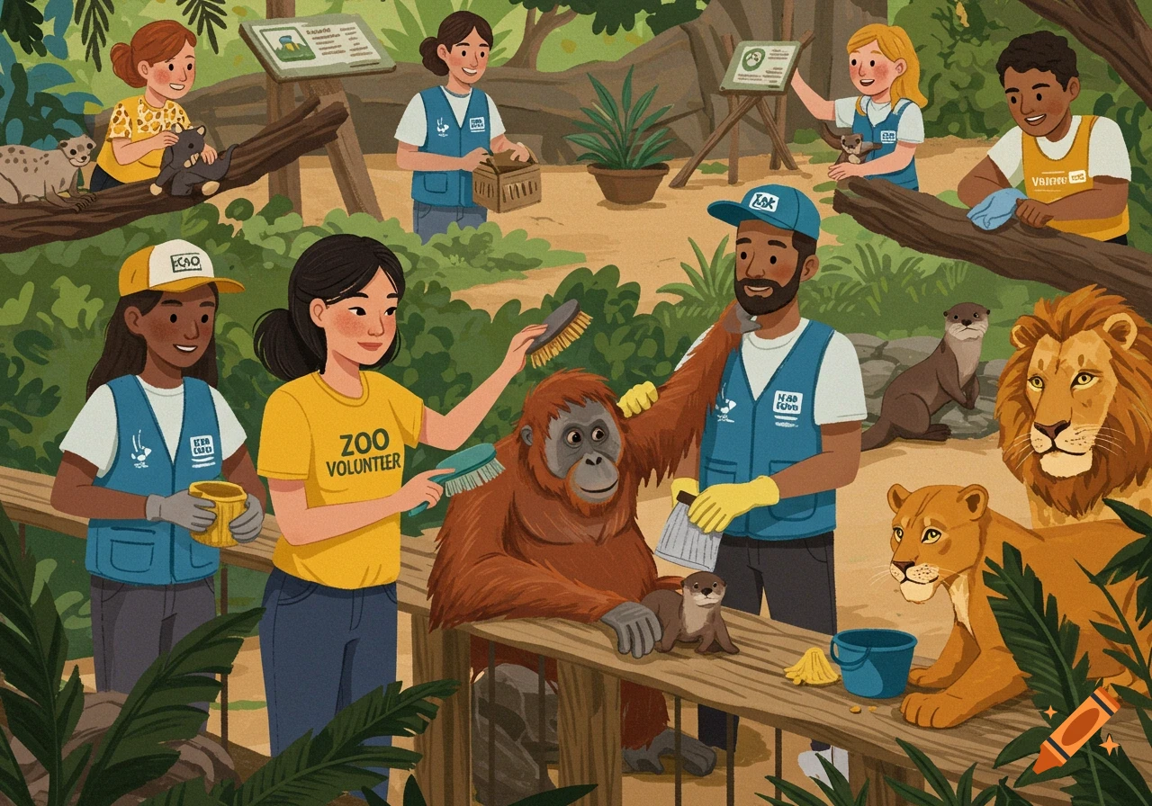 Illustration of people volunteering at a zoo, interacting with an orangutan, lions, and otters.