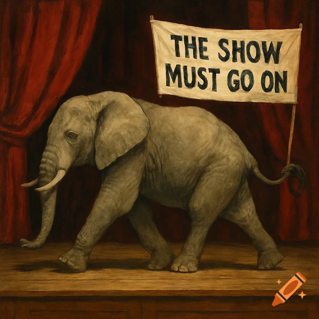 Painting of an elephant crossing a stage with red curtains, holding a banner that says 'The Show Must Go On'.