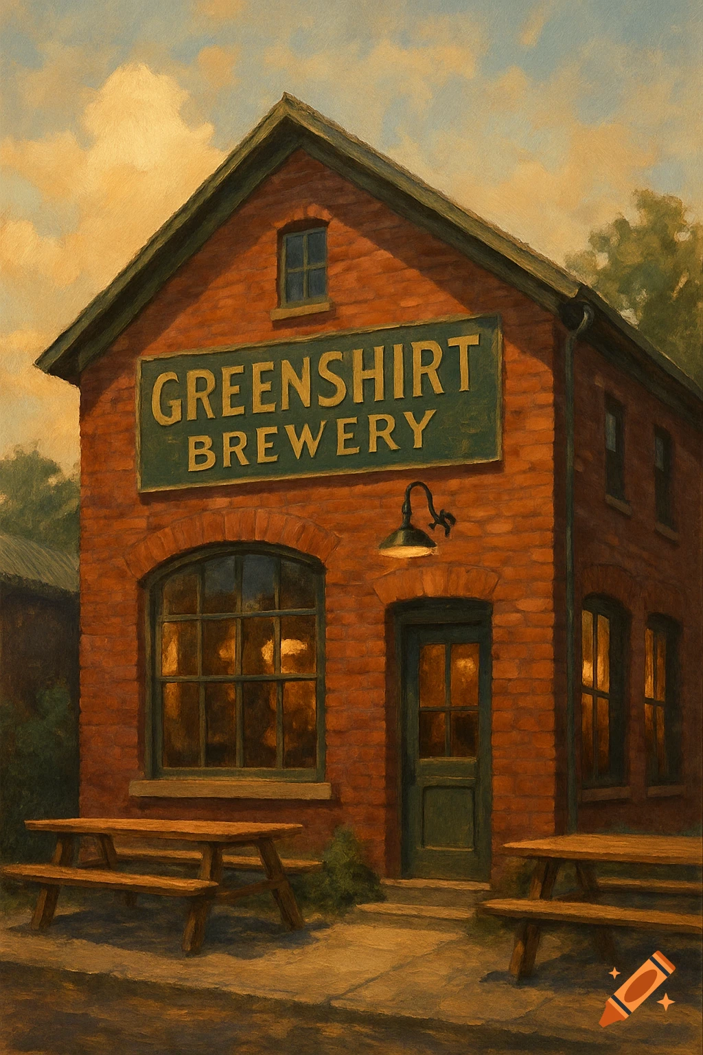 Painting of a brick brewery building with a sign and picnic tables outside.