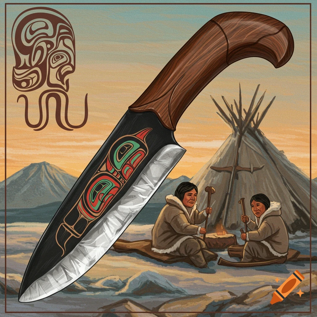 Illustration of an ulu knife with decorative patterns in a landscape with figures by a fire and a tent at sunset.