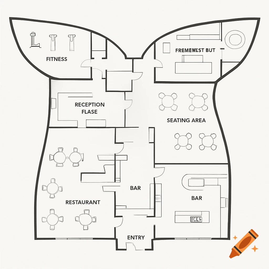 Line drawing of a building floor plan shaped like a whale's tail, showing rooms like restaurant, bar, fitness.