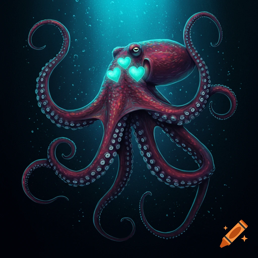 Illustration of a red octopus with glowing heart shapes on its head, swimming in the dark sea.