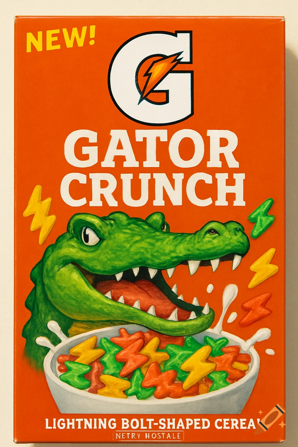 Cereal box advertisement for Gator Crunch featuring a cartoon alligator and lightning bolt-shaped cereal.