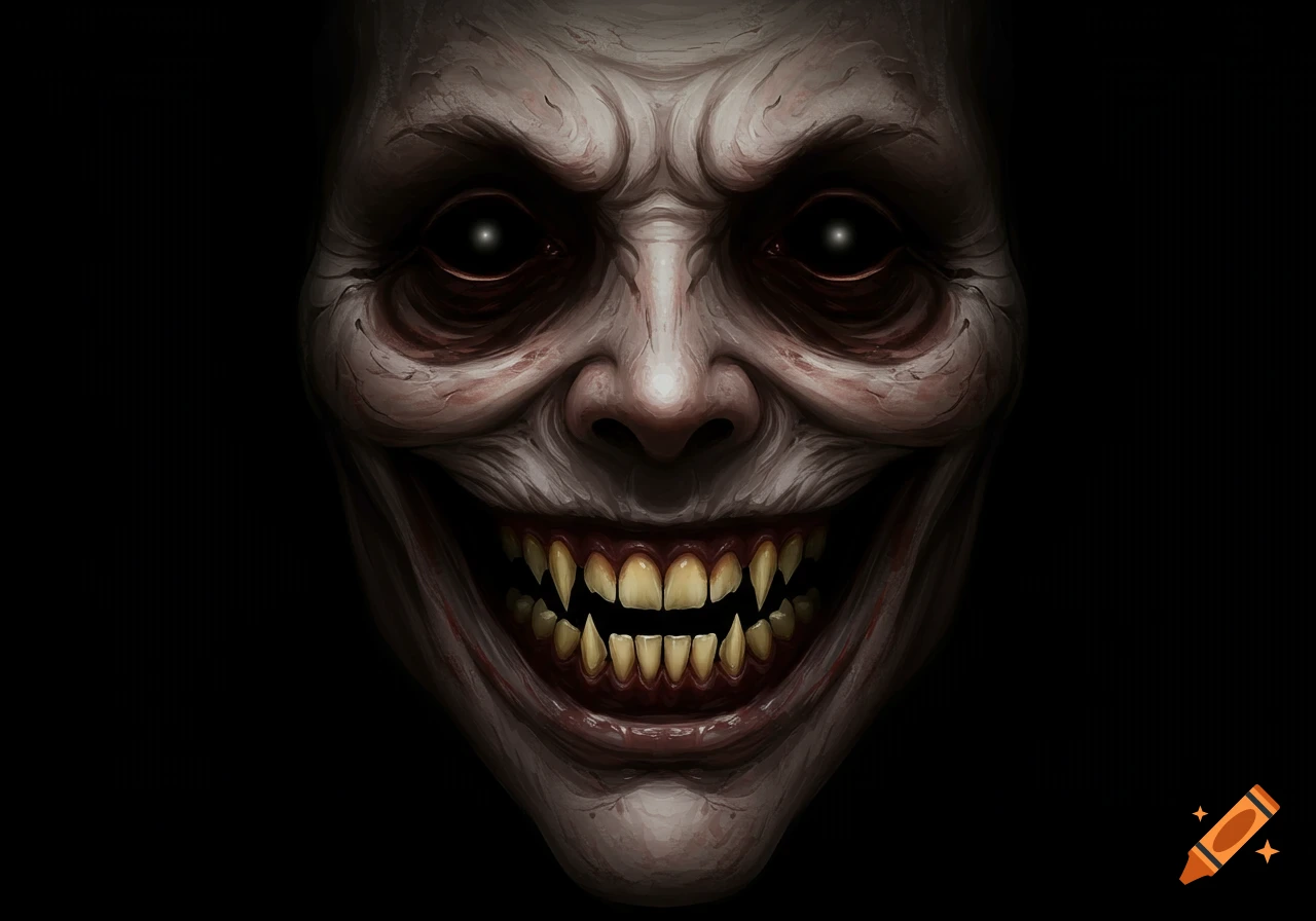 Close-up of a creepy face with sharp teeth and dark eyes