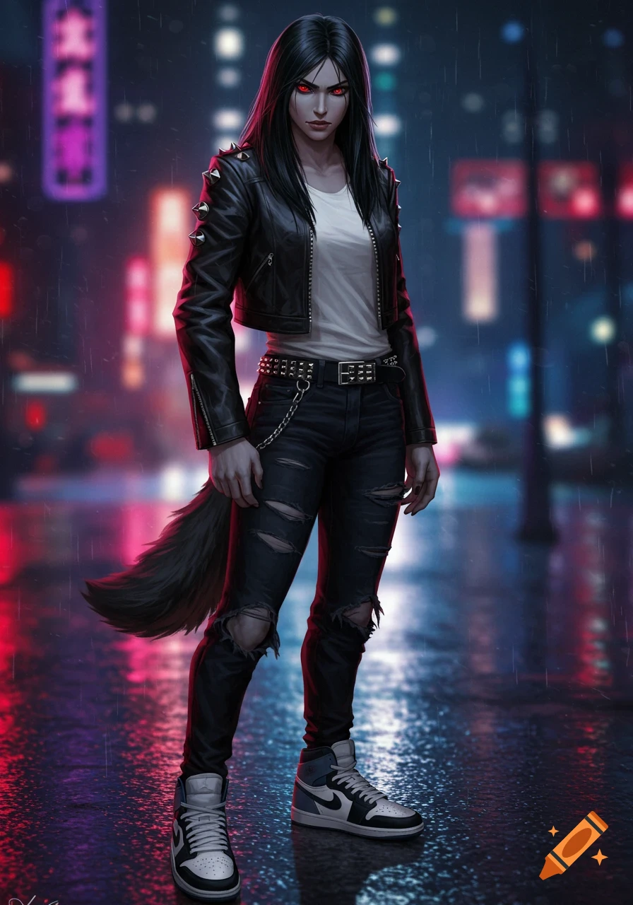 A woman with a tail, red eyes, black leather jacket, and ripped jeans stands on a rainy city street at night.