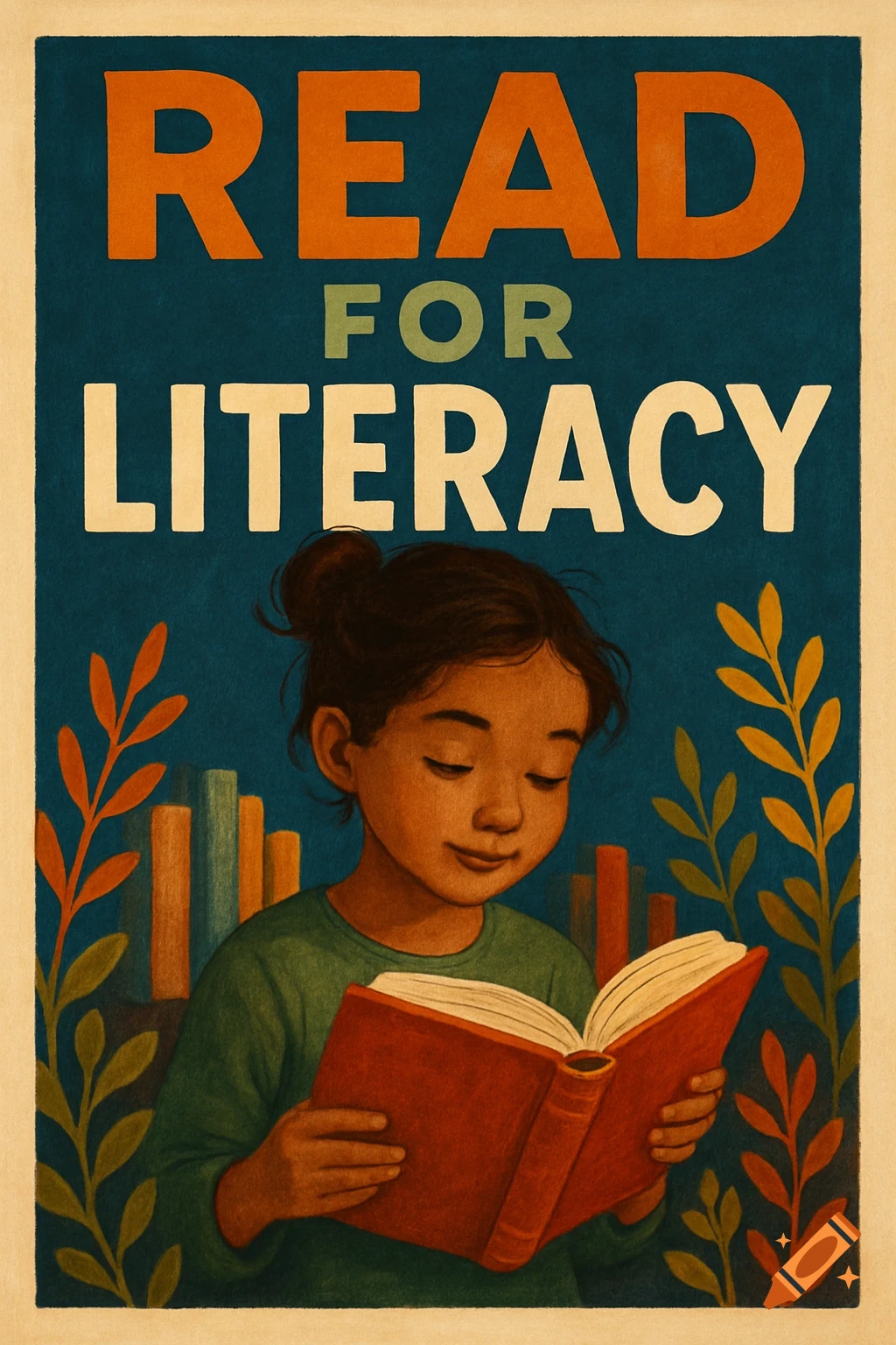 Illustration of a child reading a book on a poster with text 'READ FOR LITERACY'.